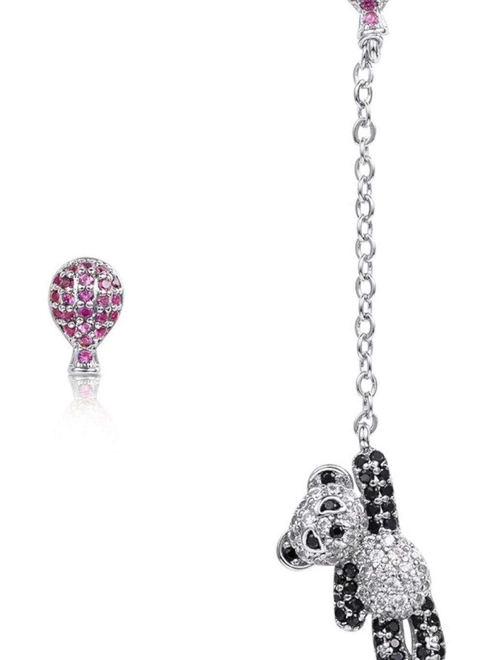 Silver Teddy Bear Dangle Earrings with Pink Crystal Balloon Stud